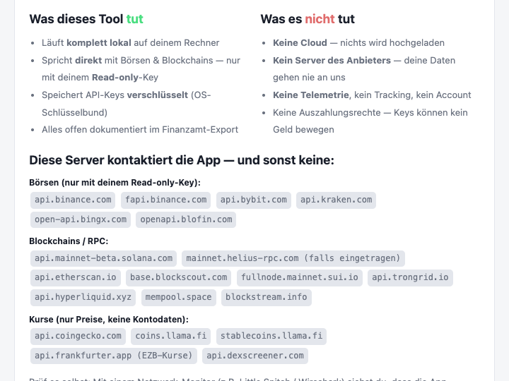 Screenshot des Datenschutz-Tabs der App: Was das Tool tut und was es nicht tut, plus Liste der kontaktierten Server.