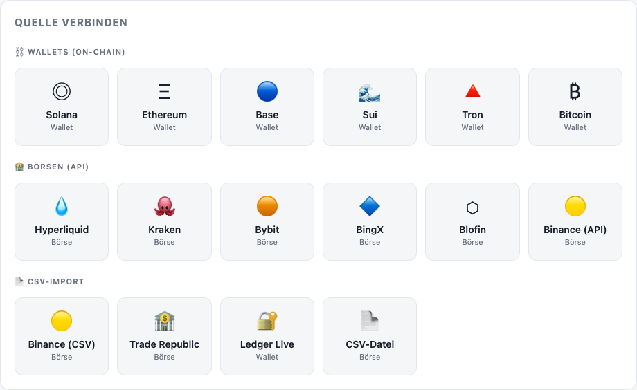 Screenshot der App: Quellen verbinden — Wallets (Solana, Ethereum, Base, Sui, Tron, Bitcoin) und Börsen per read-only API.