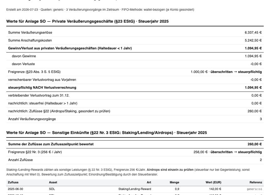 Screenshot eines Steuer-Reports: Werte für Anlage SO, §22 Nr. 3 EStG mit Freigrenze, Einzelaufstellung der Zuflüsse mit On-Chain-Referenz.